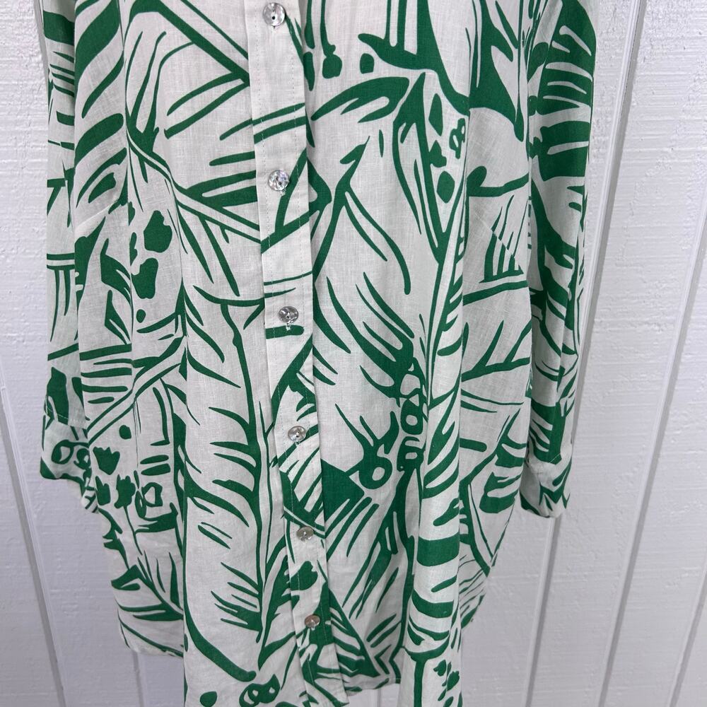 Christian Siriano NY Linen Blend Tropical Leaf Button Shirt Green White L - Picture 5 of 9